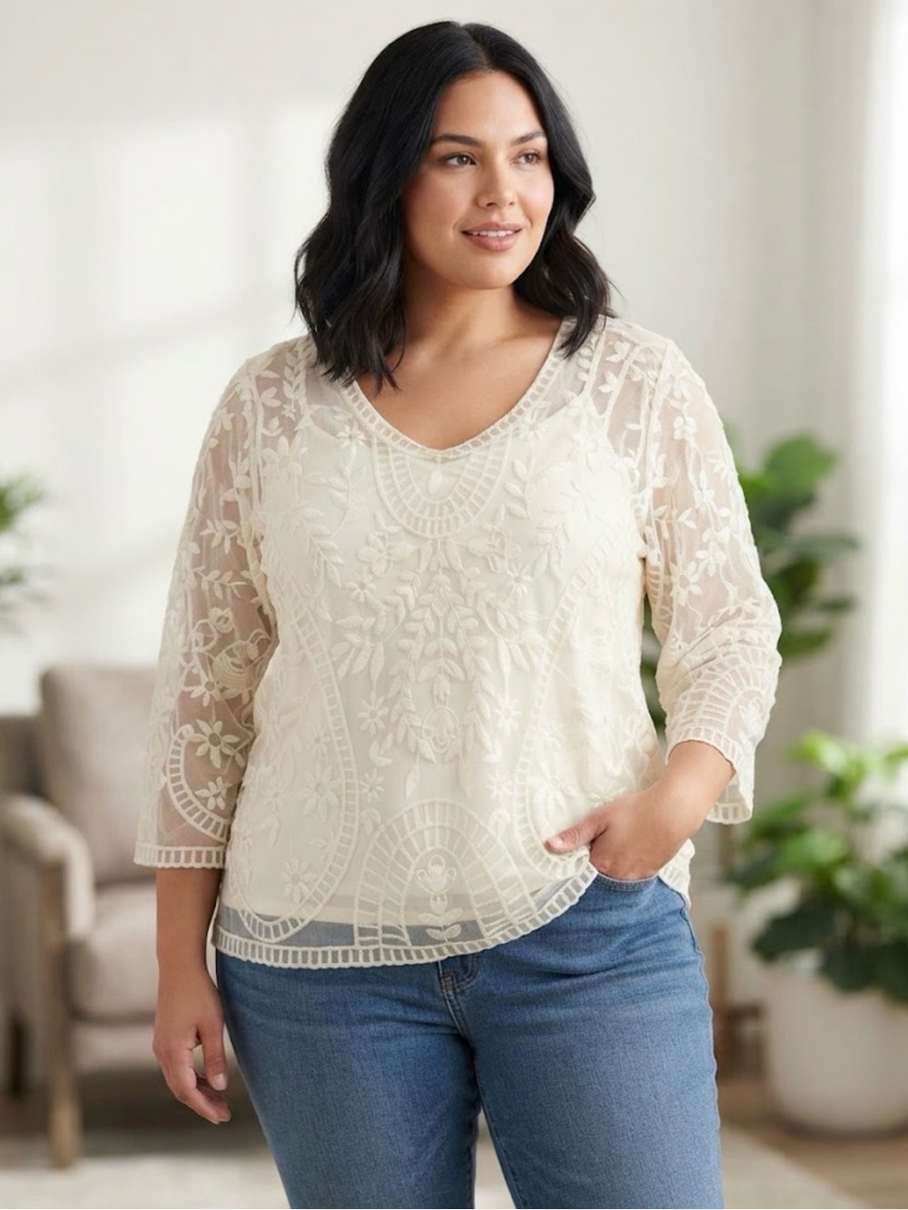 Roz & Ali Women's Lace Blouse Smocked Waist Short Sleeve XL White Floral Boho